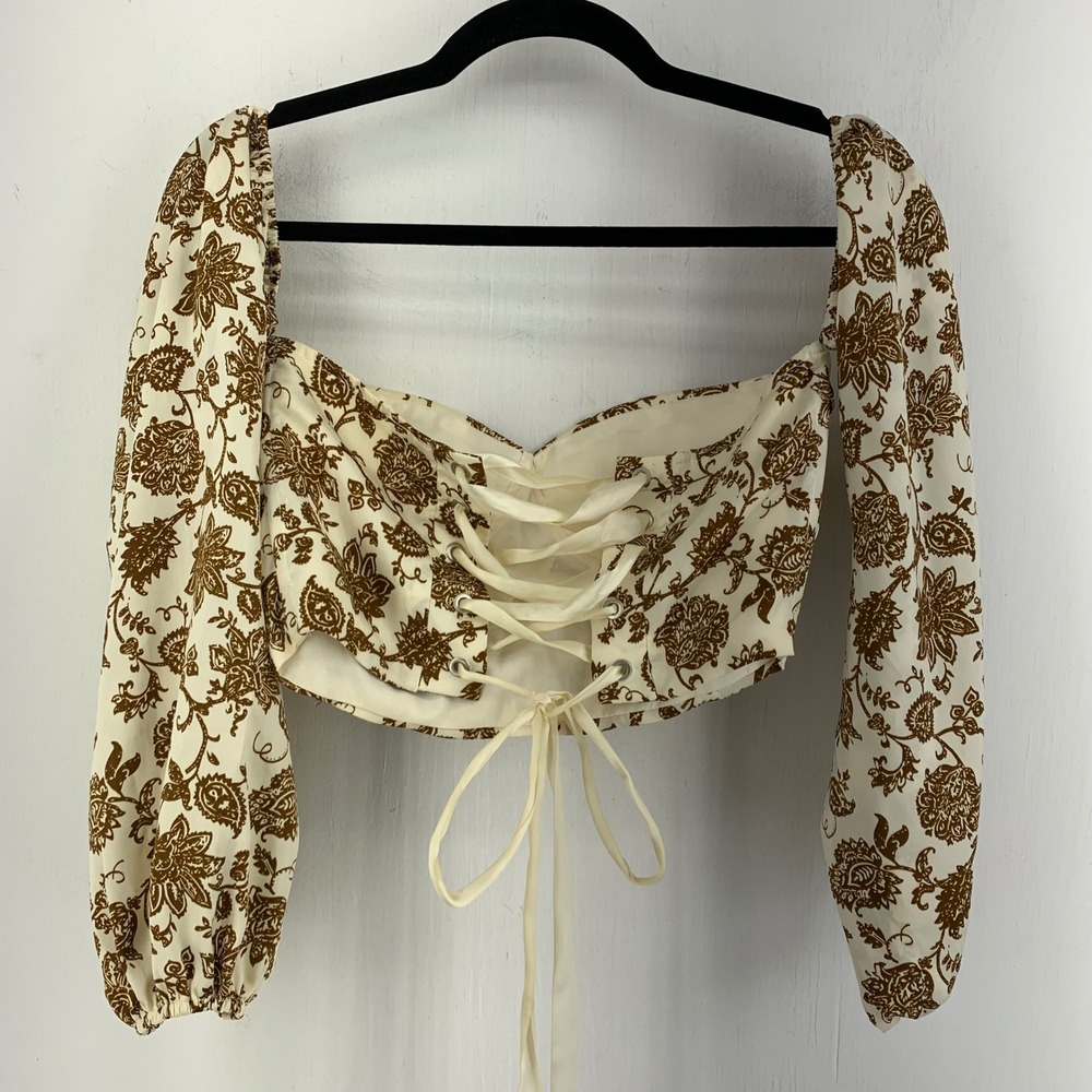 Bustier Milkmaid Floral Paisley Corset Top Lace Up Puff Regency Coquette Sz. M - Picture 5 of 8